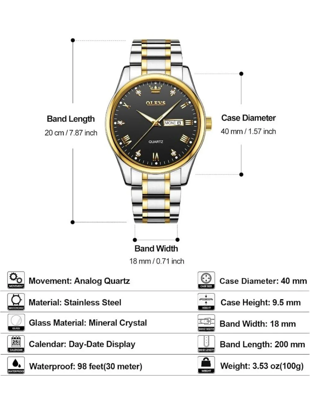 Olevs Men's Silver Black Luxury Stainless Steel Big Analog Quartz Luminous Watch